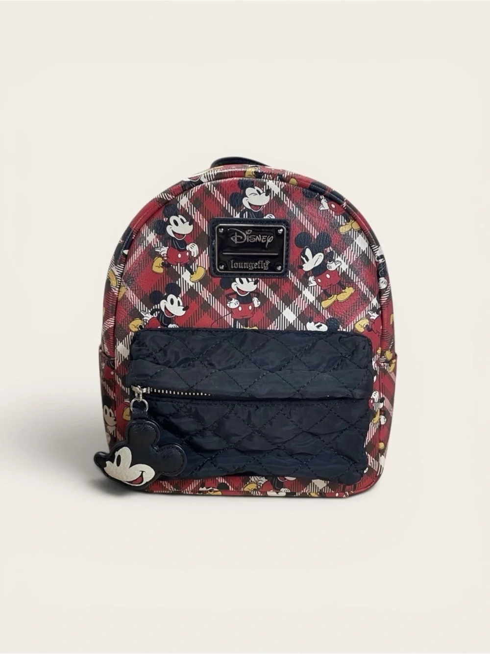 Loungefly Disney Mickey Mouse Red Plaid Backpack with front quilted pocket